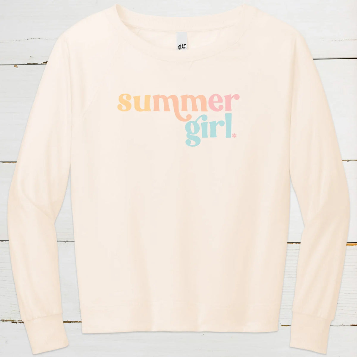 flatlay of district featherweight crewneck sweatshirt with summer girl graphic