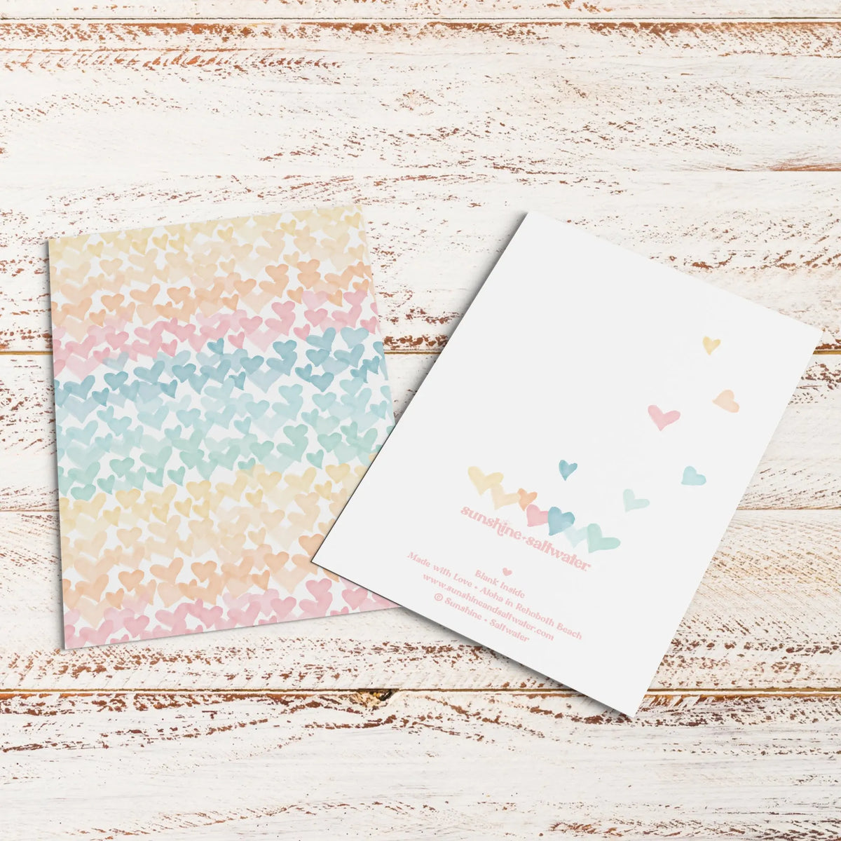 front and back of hearts on the horizon greeting card with stickers
