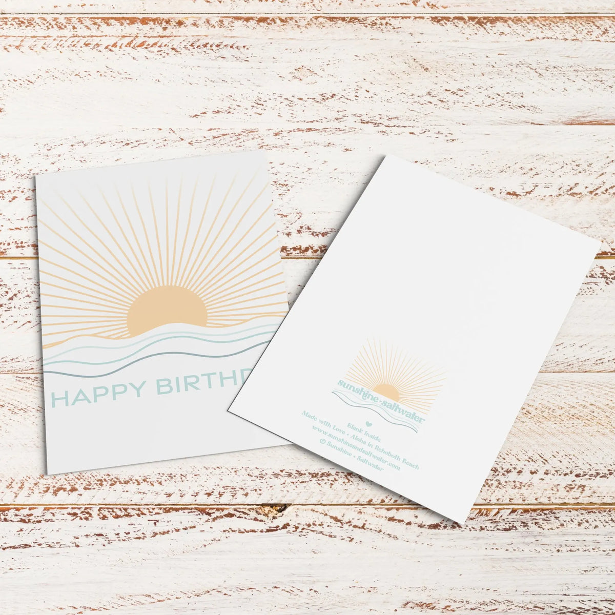 front and back of happy birthday beach notecard