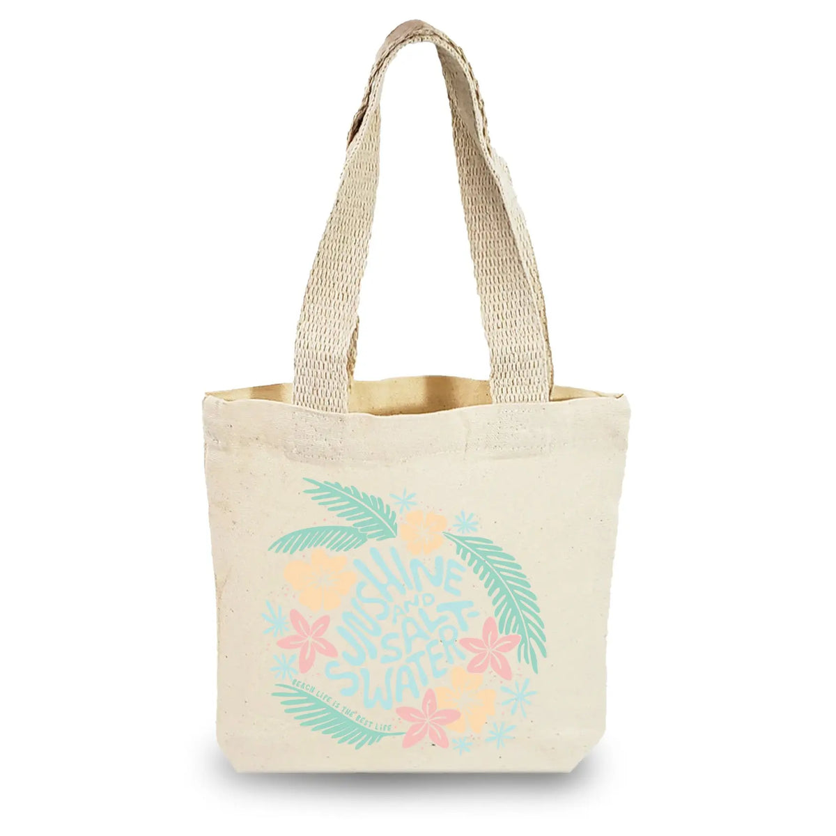 mini canvas tote bag with tropical sunshine and saltwater graphic