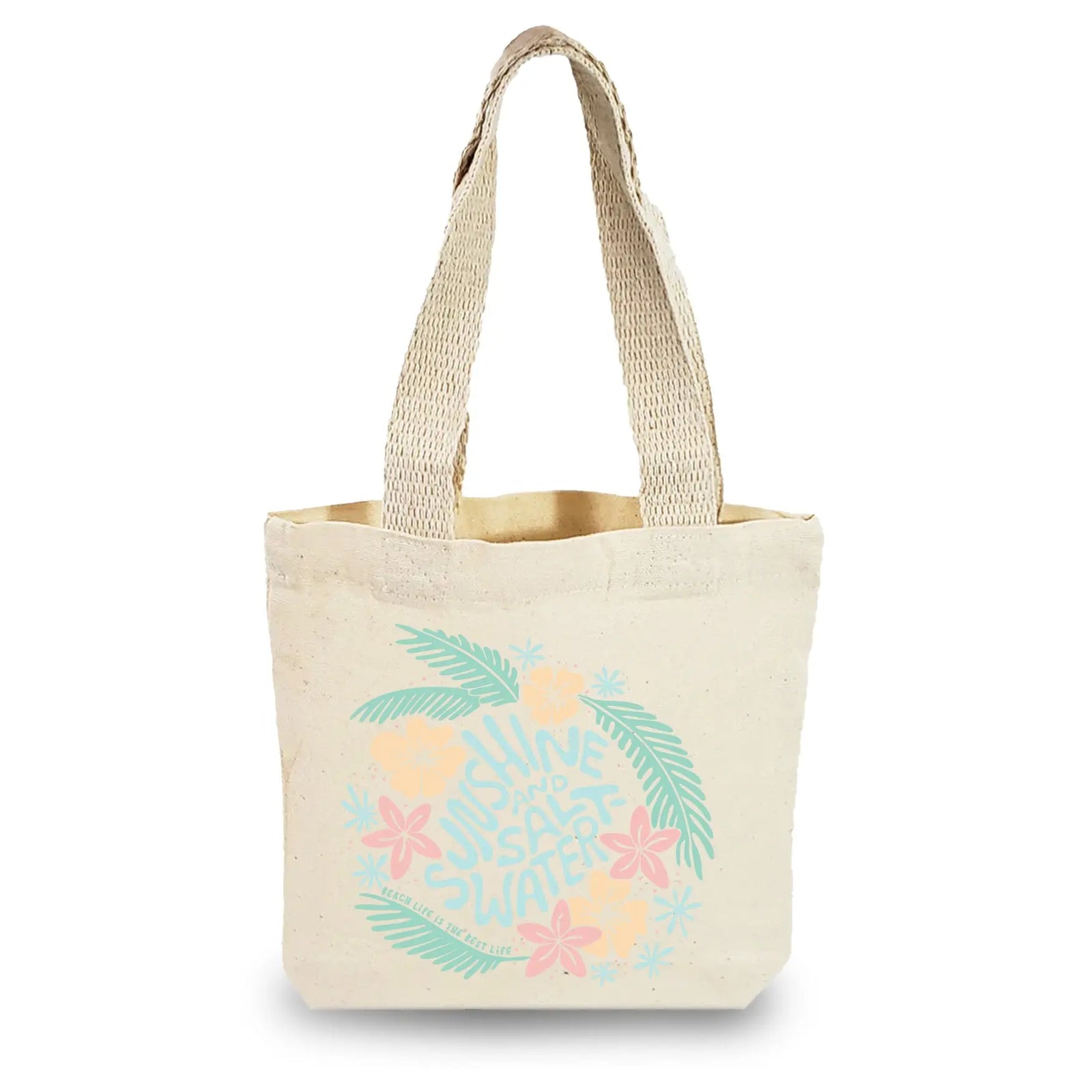 mini canvas tote bag with tropical sunshine and saltwater graphic